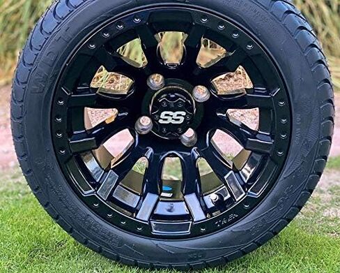12" MAVERICK GLOSS BLACK ALUMINUM WHEELS AND 215/40-12 LOW PROFILE DOT TIRES COMBO - SET OF 4 (Standard Lugs (EZGO, Club Cart etc)) in Saudi Arabia