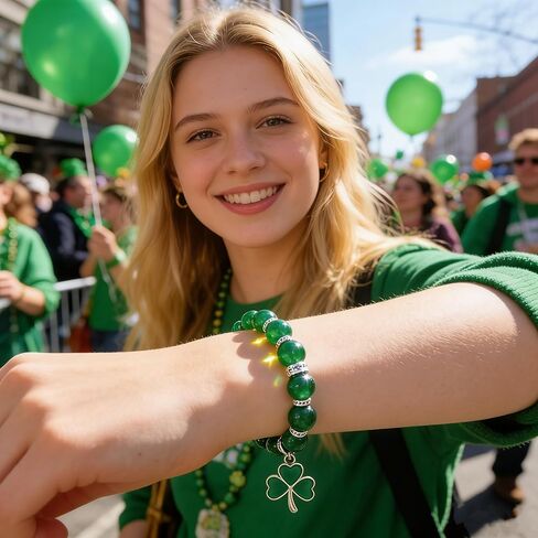St. Patrick's Day Bracelet for Women Adjustable Clover Charm Beaded Bracelet with Irish Green Shamrock Pendant,Includes gift box& Greeting Card, St Patricks Day Jewelry Party Accessory in Kuwait