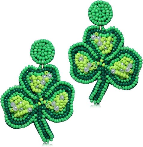 St.Patrick's Day Beaded Earrings for Women Green Lucky Leaf Top Hat Drop Dangle Earrings Funky Irish Holiday Festive Jewelry Gift in Kuwait
