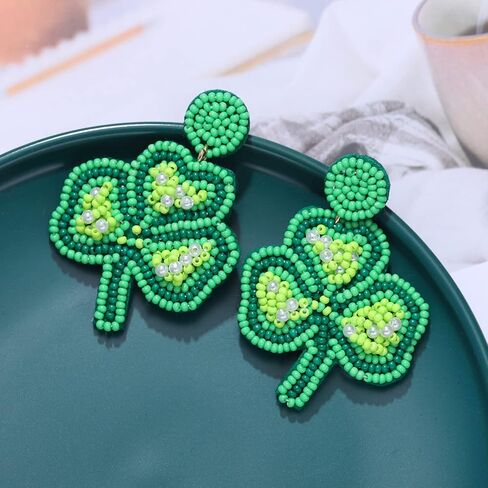 St.Patrick's Day Beaded Earrings for Women Green Lucky Leaf Top Hat Drop Dangle Earrings Funky Irish Holiday Festive Jewelry Gift in Kuwait