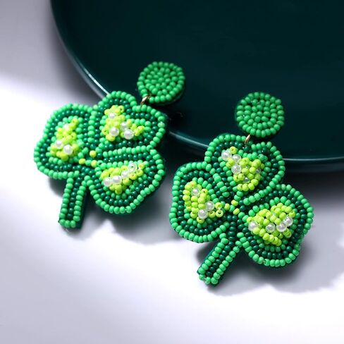 St.Patrick's Day Beaded Earrings for Women Green Lucky Leaf Top Hat Drop Dangle Earrings Funky Irish Holiday Festive Jewelry Gift in Kuwait