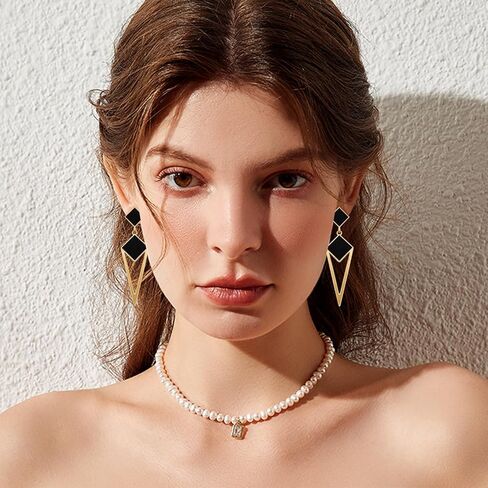 14k Gold Enamel Hollow Triangle Dangle Drop Earrings Black Square Geometry Stud Earrings For Women in Saudi Arabia