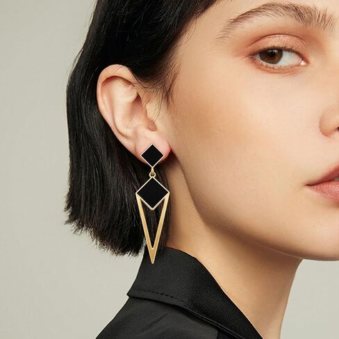 14k Gold Enamel Hollow Triangle Dangle Drop Earrings Black Square Geometry Stud Earrings For Women in Saudi Arabia