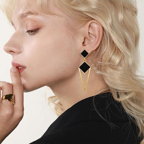 14k Gold Enamel Hollow Triangle Dangle Drop Earrings Black Square Geometry Stud Earrings For Women in Saudi Arabia