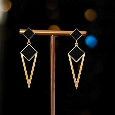 14k Gold Enamel Hollow Triangle Dangle Drop Earrings Black Square Geometry Stud Earrings For Women in Saudi Arabia