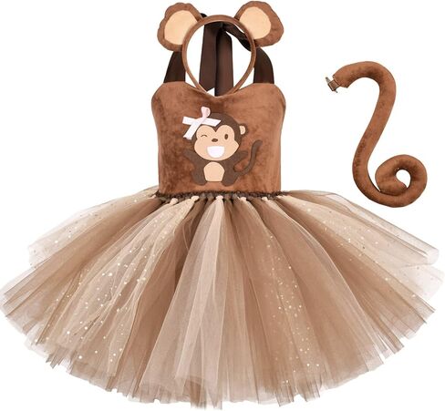 Toddler Girls Monkey Tutu Dress Cartoon Animal Themed Party Halter Velvet Tulle Tutu Dress Shiny Birthday Party Outfit Ears Headband Tail Monkey 9-10 Years in Saudi Arabia