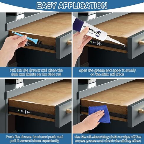 شحم منزلق للأدراج 3.38 أونصة، مادة تشحيم متعددة الأغراض لشرائح الخزانة، ومفصلات الأبواب، والمحامل، والتروس، وأبواب المرآب ومسارات النوافذ، مع قطعة قماش للتنظيف، وأداة تطبيق مدببة وفرشاة in Kuwait