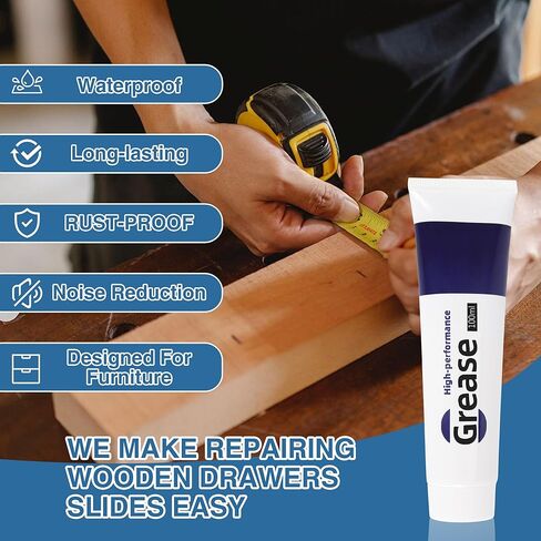شحم منزلق للأدراج 3.38 أونصة، مادة تشحيم متعددة الأغراض لشرائح الخزانة، ومفصلات الأبواب، والمحامل، والتروس، وأبواب المرآب ومسارات النوافذ، مع قطعة قماش للتنظيف، وأداة تطبيق مدببة وفرشاة in Kuwait