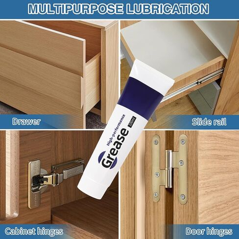 شحم منزلق للأدراج 3.38 أونصة، مادة تشحيم متعددة الأغراض لشرائح الخزانة، ومفصلات الأبواب، والمحامل، والتروس، وأبواب المرآب ومسارات النوافذ، مع قطعة قماش للتنظيف، وأداة تطبيق مدببة وفرشاة in Kuwait