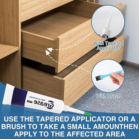 شحم منزلق للأدراج 3.38 أونصة، مادة تشحيم متعددة الأغراض لشرائح الخزانة، ومفصلات الأبواب، والمحامل، والتروس، وأبواب المرآب ومسارات النوافذ، مع قطعة قماش للتنظيف، وأداة تطبيق مدببة وفرشاة in Kuwait