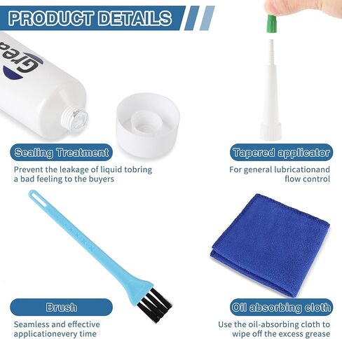 شحم منزلق للأدراج 3.38 أونصة، مادة تشحيم متعددة الأغراض لشرائح الخزانة، ومفصلات الأبواب، والمحامل، والتروس، وأبواب المرآب ومسارات النوافذ، مع قطعة قماش للتنظيف، وأداة تطبيق مدببة وفرشاة in Kuwait