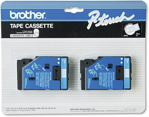 خرطوشة شريط Brother TC22 P-Touch، عرض 1/2 بوصة، طباعة زرقاء على شريط أبيض، 2/عبوة in Kuwait