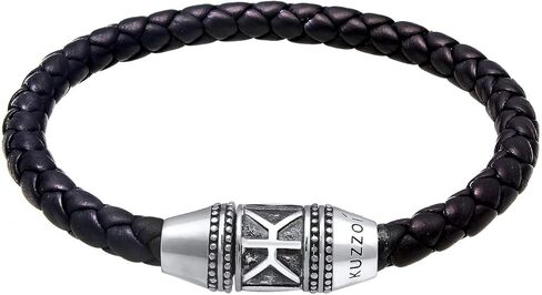kuzzoi Men Bracelet leather braided black trend with clasp made of 925 sterling silver, length 7.48 inch - 9.05 inch, width 0.51 inch, 0.99 oz in Saudi Arabia
