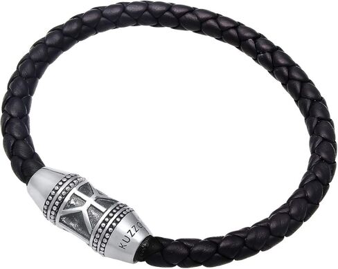 kuzzoi Men Bracelet leather braided black trend with clasp made of 925 sterling silver, length 7.48 inch - 9.05 inch, width 0.51 inch, 0.99 oz in Saudi Arabia