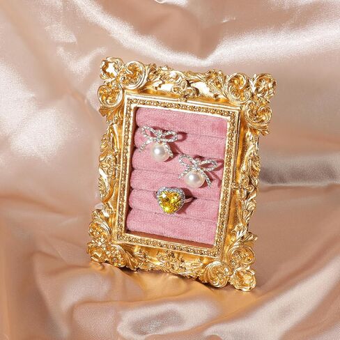Vintage Ring Holder Rectangle Gold Velvet Display Stand - Baroque Jewelry Organizer Box Tray for Wedding Engagement Anniversary Women Birthday Christmas Gift Photograph Prop (MPF05-Gold White) in Saudi Arabia