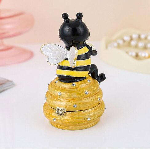 Pssopp Hand Painted Enamel Hinged Trinket Box, Yellow Honey Bee Hive Design Collectible Keepsake Mini Jewelry Ring Earring Organizer in Saudi Arabia