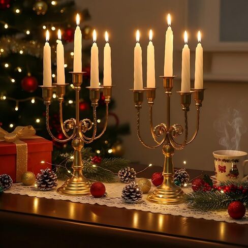 2Pcs Gold Candelabras Centerpieces for Tables, 11.8" Candlestick Holder for Taper Candles, 5 Arm Brass Candelabra Candle Holder for Wedding Centerpiece Decor Party Event Reception Decoration in Kuwait