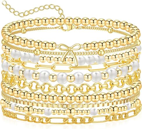 BOMAIL 10Pcs Gold Bracelets for Women - 14K Gold Plated Stackable Bracelets Adjustable Paperclip Chain Cuban Link Gold Beaded Layered Jewelry Sets Gifts Fashion Accessories for Women in Saudi Arabia