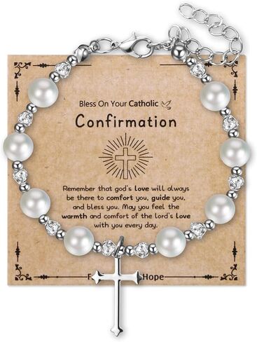First Communion Confirmation Bracelets for Women: Personalized Religious Virgin Mary Cross Charm Medal Imitation Pearl Beads Chain Baptism Confirmation Easter Gifts in Saudi Arabia