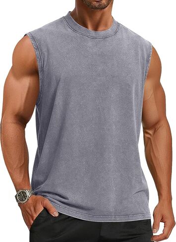 تانك القمم الرجال الصيف قمصان بلا أكمام فضفاضة تناسب تجريب القمم حمض غسل القطن بلايز in Kuwait
