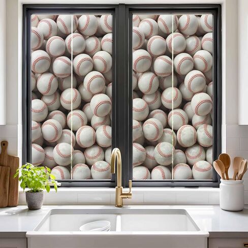 فيلم نافذة الخصوصية متجمد، فيلم نافذة غير لاصق ثابت للبيسبول، أغطية نوافذ غير شفافة رياضية باللون الأبيض والأحمر للنوافذ الصغيرة، المنزل، 17.7 × 39.3 بوصة in Kuwait