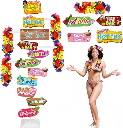LEIFIDE Adjustable Hawaiian Leis Holder Stand with Base 11 Luau Party Welcome Signs Summer Tropical Decoration Hawaiian Party Directions Signs Display Rack for Tropical Flower Lei Garland Wreath Shows in Saudi Arabia