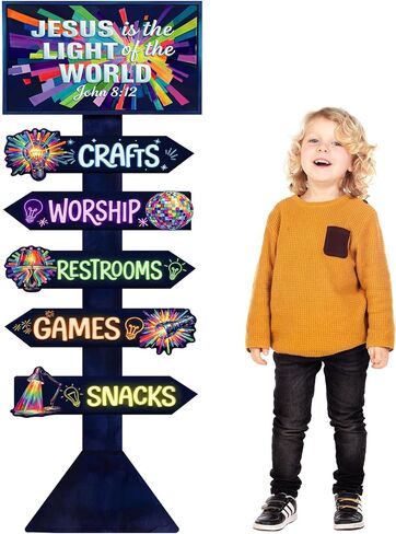 Pinkunn 4.3 Feet VBS 2026 Decorations Directional Sign Jesus Is The Light of The World Plastic Cutout Stand up Party Decor Lighting Theme VBS Vacation Religious Bible Backdrop Photo Prop Sunday School in Saudi Arabia