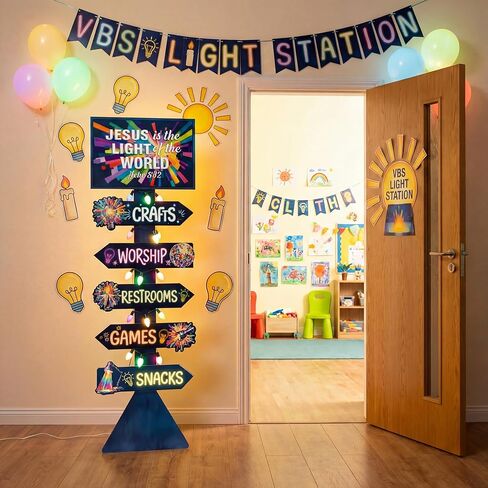 Pinkunn 4.3 Feet VBS 2026 Decorations Directional Sign Jesus Is The Light of The World Plastic Cutout Stand up Party Decor Lighting Theme VBS Vacation Religious Bible Backdrop Photo Prop Sunday School in Saudi Arabia