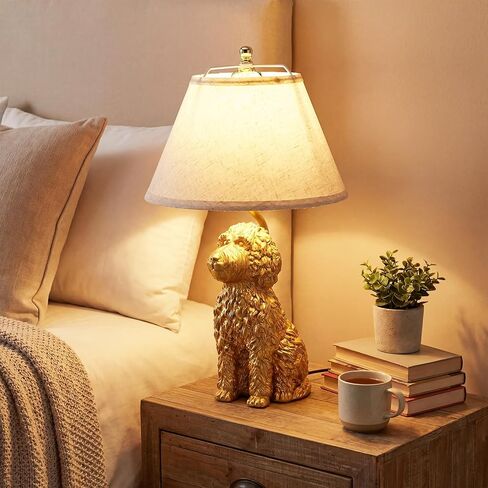 Tuanse 1 Pack Dog Table Lamp 22 Inch Golden Doodle Dog Shape Resin Desk Lamp White Polyester Shade Farmhouse Cute Retro Rustic Nightstand for Bedside Bedroom Home Living Room Decoration in Saudi Arabia