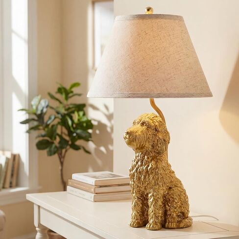 Tuanse 1 Pack Dog Table Lamp 22 Inch Golden Doodle Dog Shape Resin Desk Lamp White Polyester Shade Farmhouse Cute Retro Rustic Nightstand for Bedside Bedroom Home Living Room Decoration in Saudi Arabia