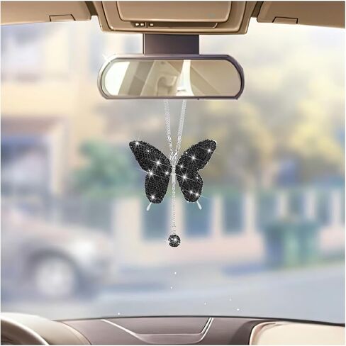 Bling Butterfly Car Hanging Accessories, Crystal Diamond Vehicle Rear View Mirror Charms, Automotive Interior Ornament Pendant for Women Girls, Universal Fit (Black) in Saudi Arabia