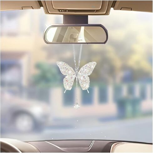Bling Butterfly Car Hanging Accessories, Crystal Diamond Vehicle Rear View Mirror Charms, Automotive Interior Ornament Pendant for Women Girls, Universal Fit (Black) in Saudi Arabia
