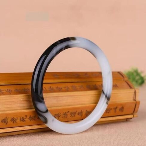Natural Black and White Jade Bangle for Women, Genuine Stone Bracelet, Elegant Round Lucky Charm Jewelry, Gift Ready in Saudi Arabia