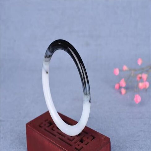 Natural Black and White Jade Bangle for Women, Genuine Stone Bracelet, Elegant Round Lucky Charm Jewelry, Gift Ready in Saudi Arabia