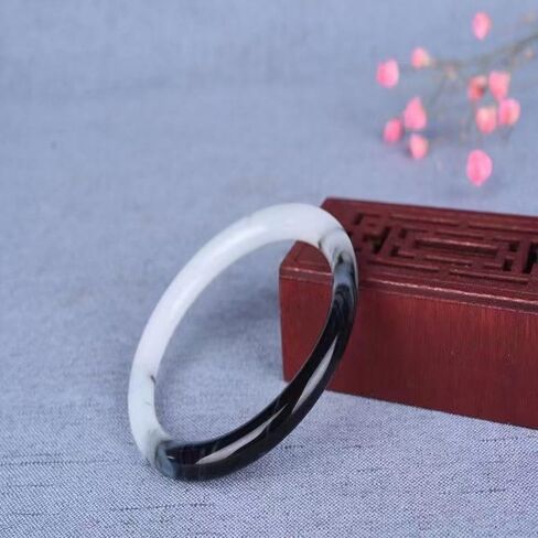 Natural Black and White Jade Bangle for Women, Genuine Stone Bracelet, Elegant Round Lucky Charm Jewelry, Gift Ready in Saudi Arabia