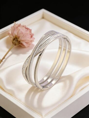 Silver Crossed Rhinestone Stainless Steel Cuff Bangles Bracelets Fashion Jewelry Wrist Accessories in Saudi Arabia