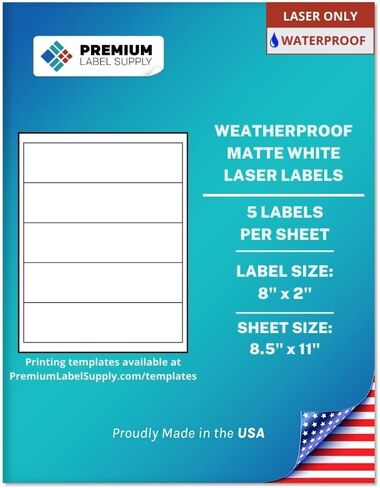 ملصقات زجاجات مياه بيضاء غير لامعة مقاومة للماء من Premium Label Supply - 8 بوصة × 2 بوصة - طابعات ليزر فقط - (5 لكل ورقة)، 10 ورقات - 50 ملصق لاصق إجمالي in Saudi Arabia