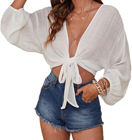Women's Swimwear Cover Up Top,Self-Tie Long Sleeve Beach Shirt Tunic,Soft & Stylish Swimsuit Bikini Cover in Saudi Arabia