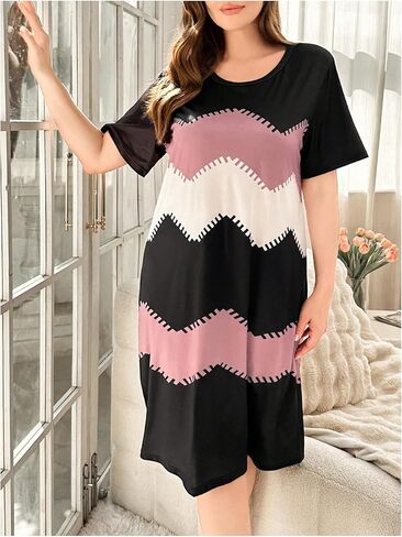 SOLY HUX Women's Plus Size Nightgowns Color Block Short Sleeve Lounge Pajama Dress Sleepwear in Saudi Arabia