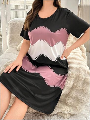 SOLY HUX Women's Plus Size Nightgowns Color Block Short Sleeve Lounge Pajama Dress Sleepwear in Saudi Arabia