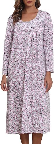 قمصان نوم نسائية بأكمام طويلة 100% قطن قمصان نوم فستان نوم طويل للسيدات فساتين نوم على الطراز الفيكتوري ملابس نوم وردي وردي زهري L in Kuwait