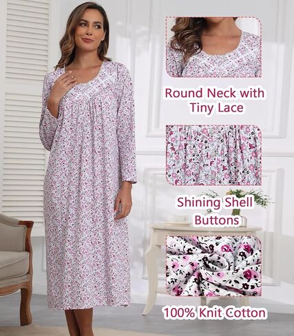 قمصان نوم نسائية بأكمام طويلة 100% قطن قمصان نوم فستان نوم طويل للسيدات فساتين نوم على الطراز الفيكتوري ملابس نوم وردي وردي زهري L in Kuwait