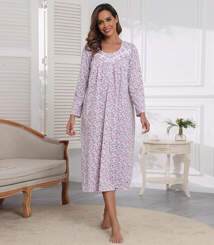 قمصان نوم نسائية بأكمام طويلة 100% قطن قمصان نوم فستان نوم طويل للسيدات فساتين نوم على الطراز الفيكتوري ملابس نوم وردي وردي زهري L in Kuwait