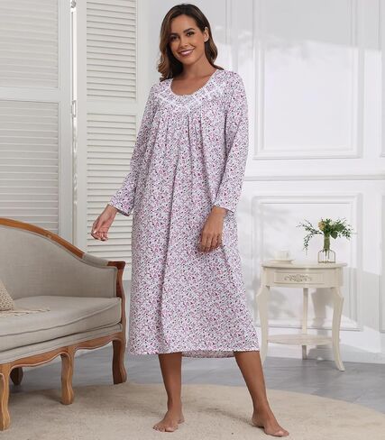 قمصان نوم نسائية بأكمام طويلة 100% قطن قمصان نوم فستان نوم طويل للسيدات فساتين نوم على الطراز الفيكتوري ملابس نوم وردي وردي زهري L in Kuwait