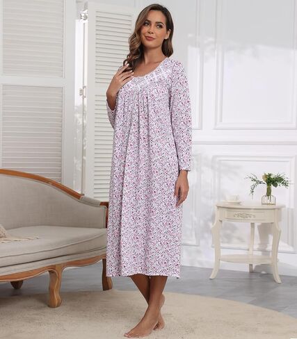 قمصان نوم نسائية بأكمام طويلة 100% قطن قمصان نوم فستان نوم طويل للسيدات فساتين نوم على الطراز الفيكتوري ملابس نوم وردي وردي زهري L in Kuwait