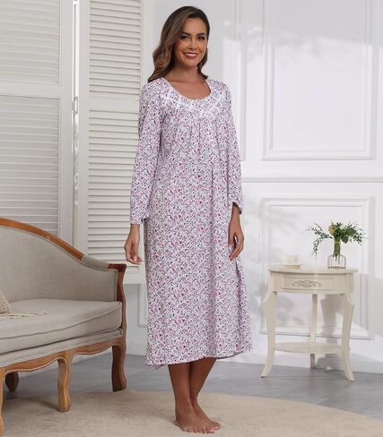 قمصان نوم نسائية بأكمام طويلة 100% قطن قمصان نوم فستان نوم طويل للسيدات فساتين نوم على الطراز الفيكتوري ملابس نوم وردي وردي زهري L in Kuwait