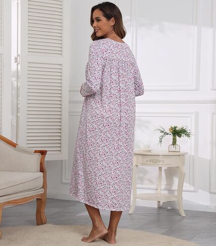 قمصان نوم نسائية بأكمام طويلة 100% قطن قمصان نوم فستان نوم طويل للسيدات فساتين نوم على الطراز الفيكتوري ملابس نوم وردي وردي زهري L in Kuwait