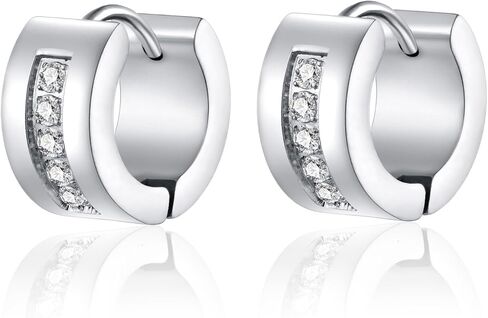 Mens Silver Color Huggie Hoop Earrings, Stainless Steel Chic Hoops with Cubic Zirconia Stones Inlay, Classic Hinged Small Hoop Earrings for Men and Women, Minimalist and Elegant Style in Saudi Arabia