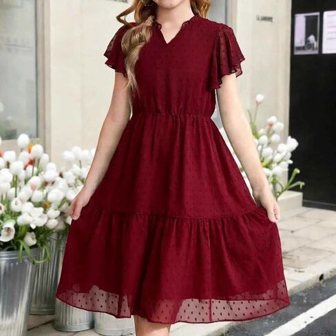 Girls Swiss Dot Chiffon Dress Flutter Sleeve V Neck Tiered Ruffle Hem Flowy Midi Dresses Summer Party Outfit in Saudi Arabia
