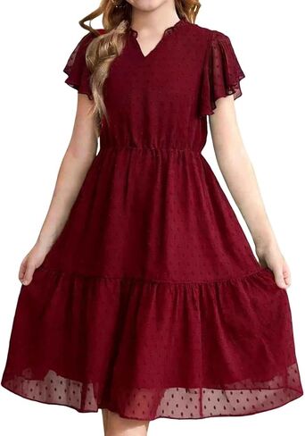 Girls Swiss Dot Chiffon Dress Flutter Sleeve V Neck Tiered Ruffle Hem Flowy Midi Dresses Summer Party Outfit in Saudi Arabia